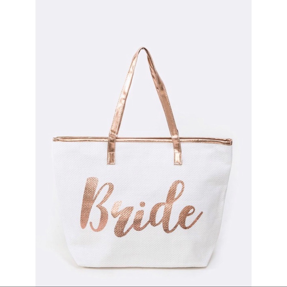 Rose Gold Bride Metallic Printed Straw Tote